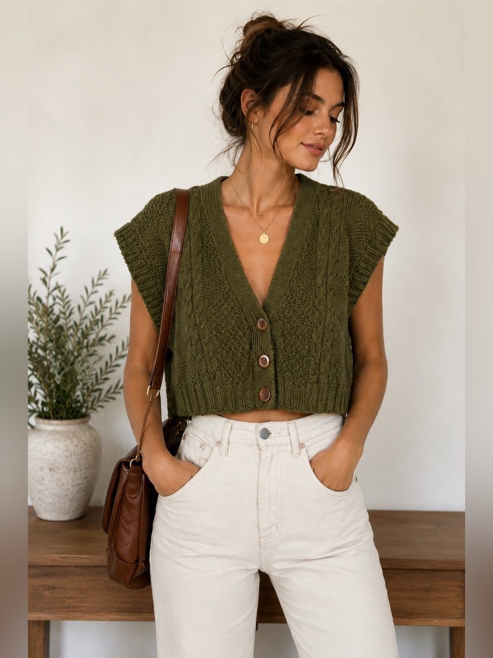 Vintage Contempo Casuals Olive Green Cable Knit Sweater Vest Cardigan Cropped S